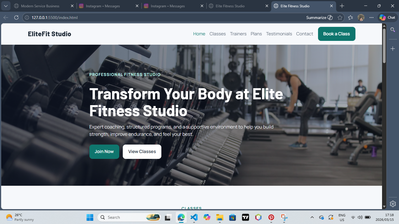Desktop screenshot of fitness studio website