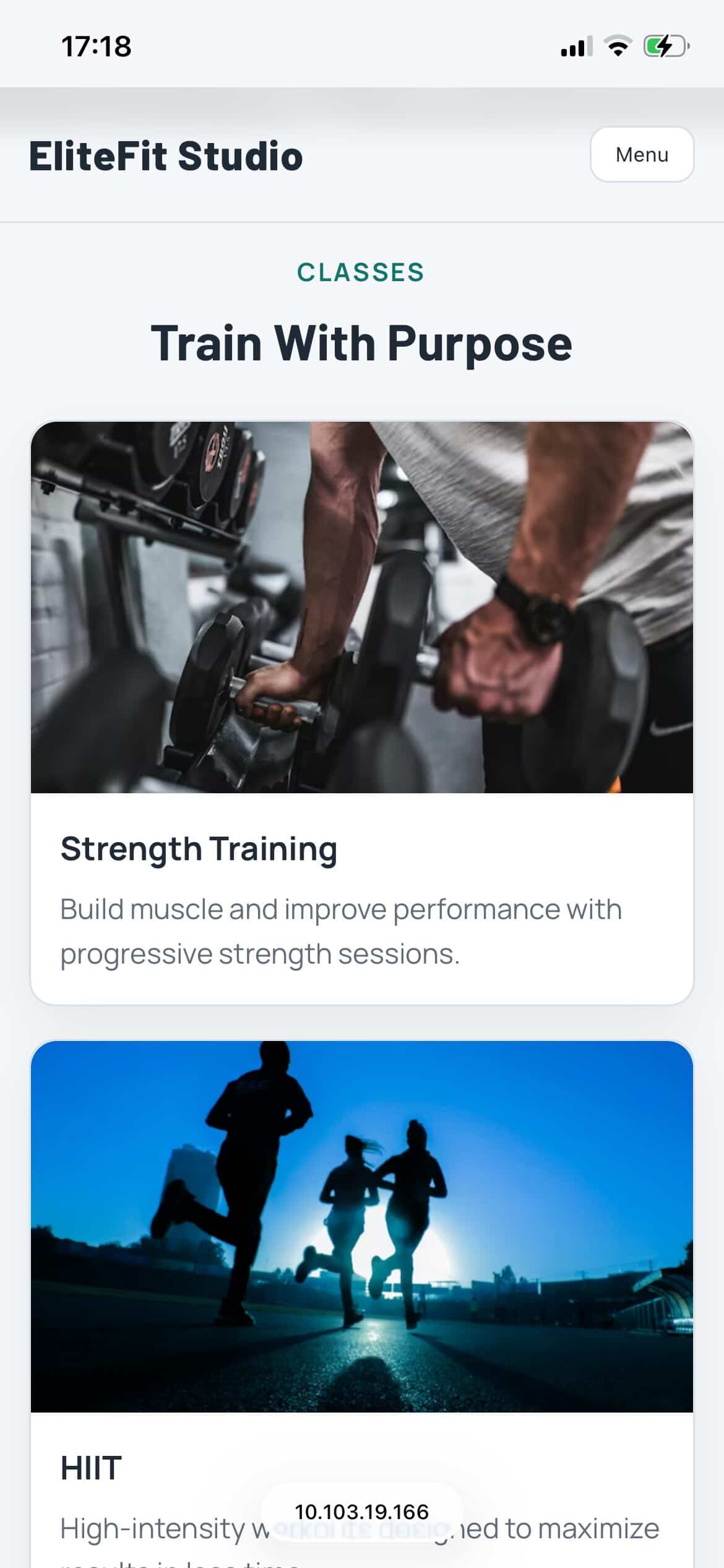 Mobile screenshot of fitness studio website